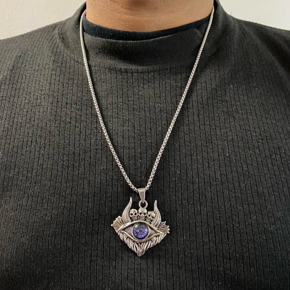 Stainless Steel Gothic Punk Evil Eye Skull Pendant Necklace